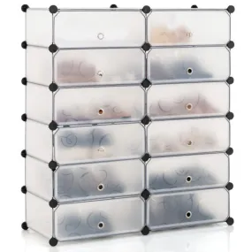 12-Cube DIY Portable Plastic Shoe Rack with Transparent Doors-White