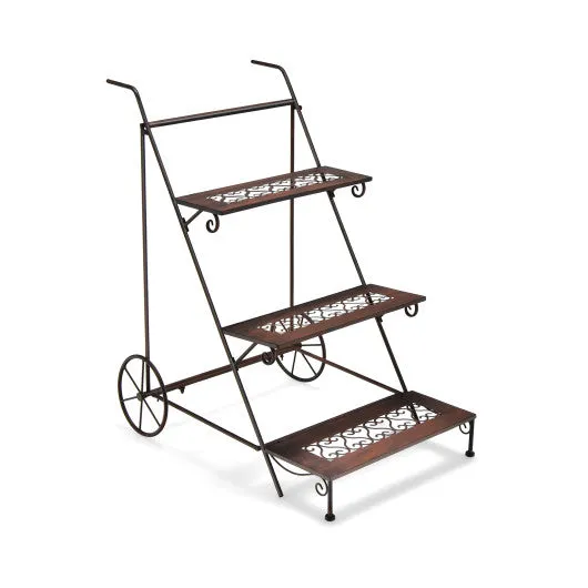 3-Tier Metal Plant Stand with Wheels and Handle for Balcony