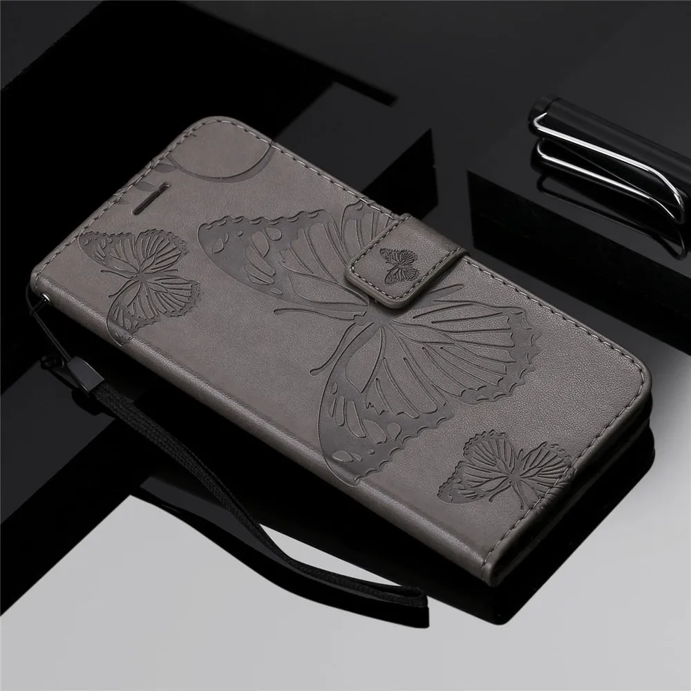 Anymob Huawei Gray Leather Phone Case Butterfly Flip Wallet Cover Protection