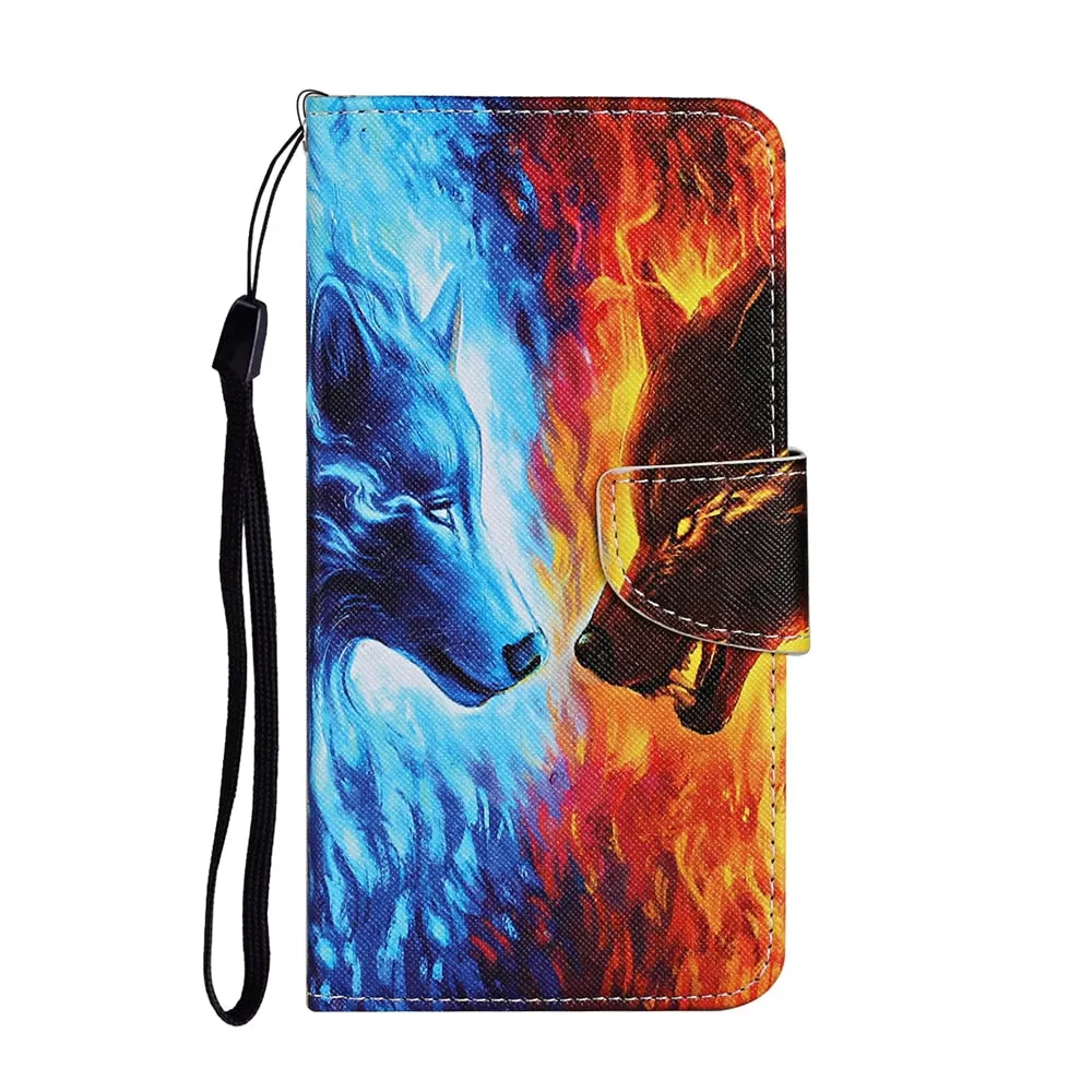 Anymob iPhone Blue And Orange Wolf Flip Leather Phone Case With Wallet Slot Cases Cover