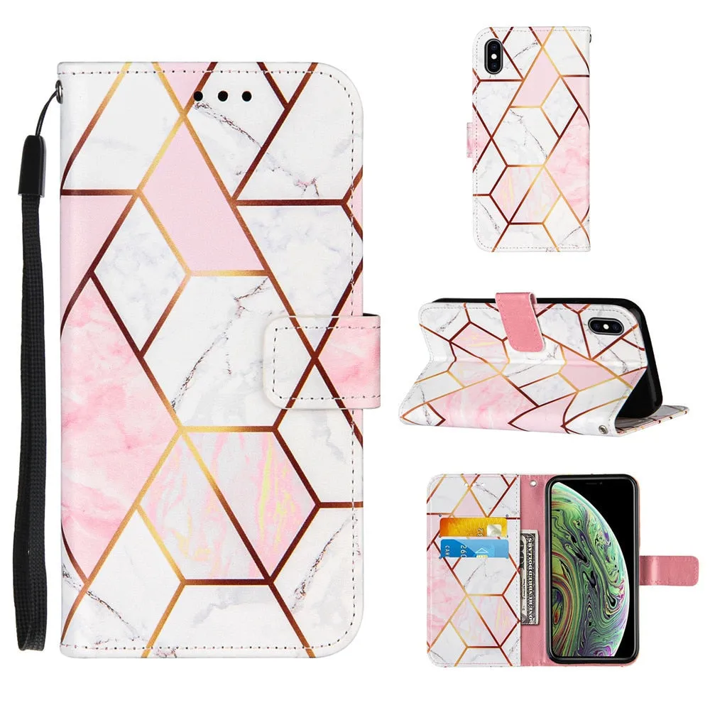 Anymob iPhone Case Dark Pink Marble Leather Magnetic Flip Wallet Cover