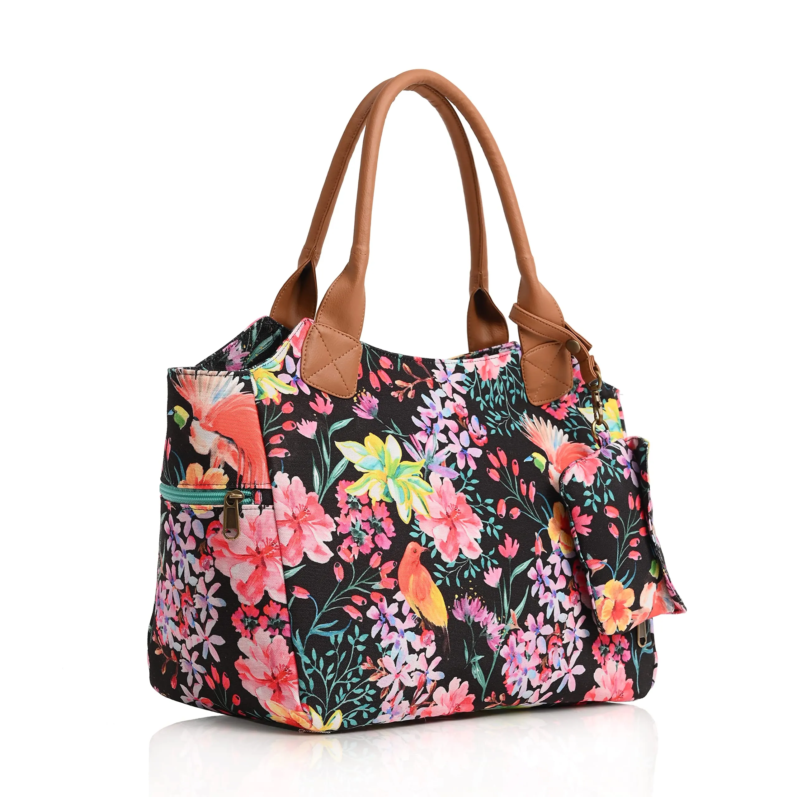 Boho Girl Summer Floral Printed Women Handbag | Top Handle Bag | Spacious Handbag For Women | Multiple Compartment | Ladies Handbag With Shoulder Straps Pack of 1 Bag (Multi Colour)