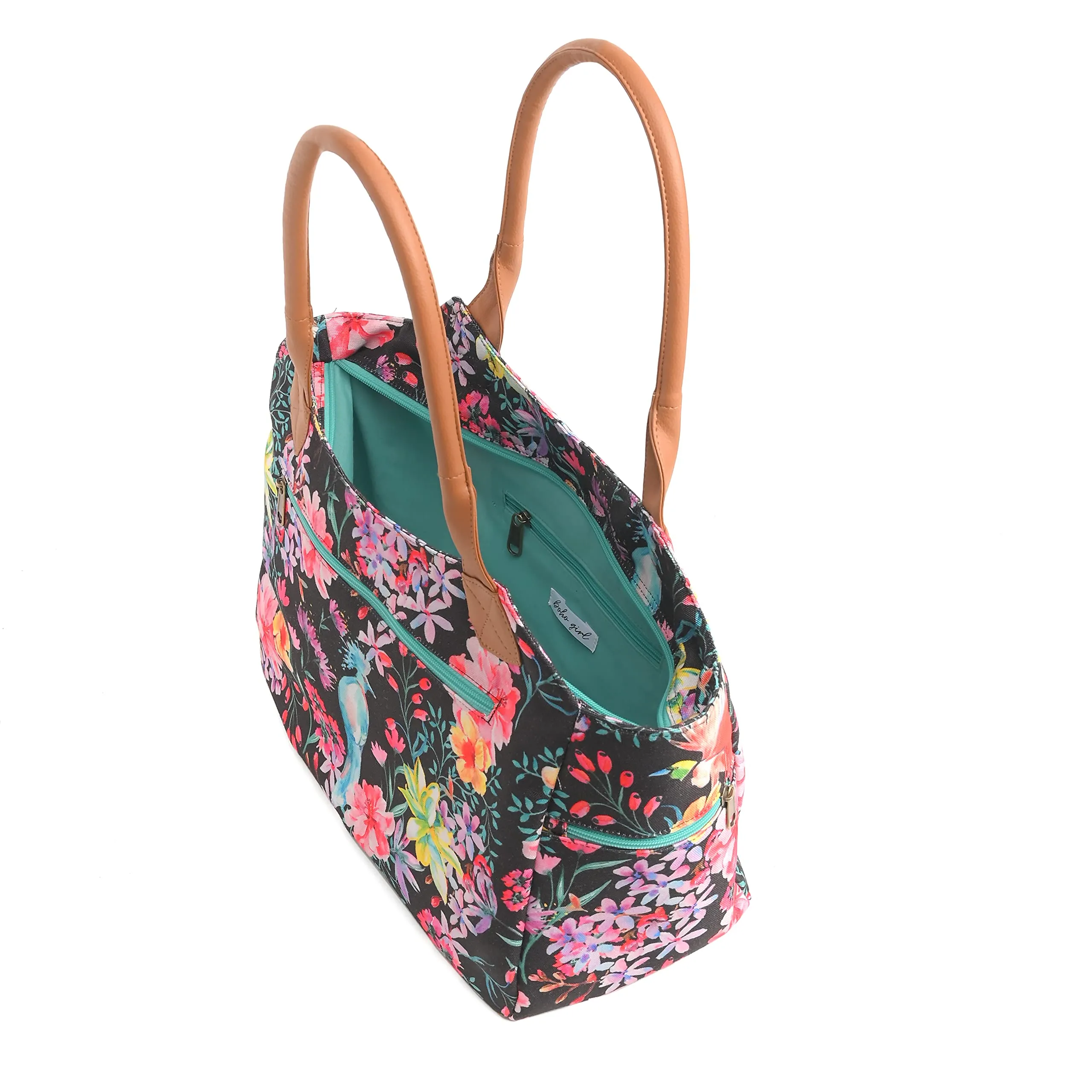 Boho Girl Summer Floral Printed Women Handbag | Top Handle Bag | Spacious Handbag For Women | Multiple Compartment | Ladies Handbag With Shoulder Straps Pack of 1 Bag (Multi Colour)