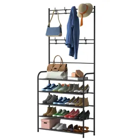 Entryway Coat Hat Rack Shoe Storage Shelf 5 Tier Shoe Rack Freestanding Hall Tree Garment Hanger Stand Clothes Shoe Organizer Combo - Black - 5-Tier