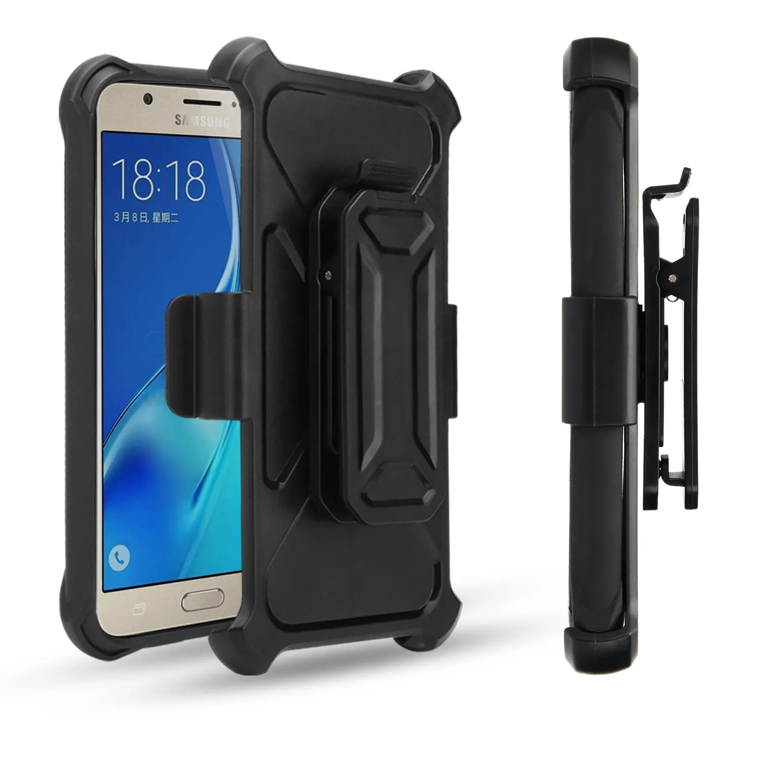 Galaxy J3 Emerge Case, Rugged Slim Rotating Swivel Lock Carbon Fiber Combo Case for Galaxy J3 Emerge - Black