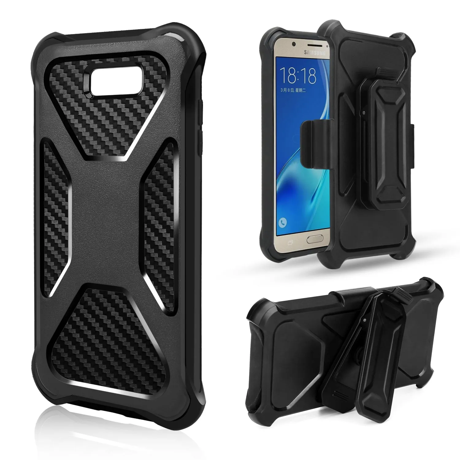 Galaxy J3 Emerge Case, Rugged Slim Rotating Swivel Lock Carbon Fiber Combo Case for Galaxy J3 Emerge - Black