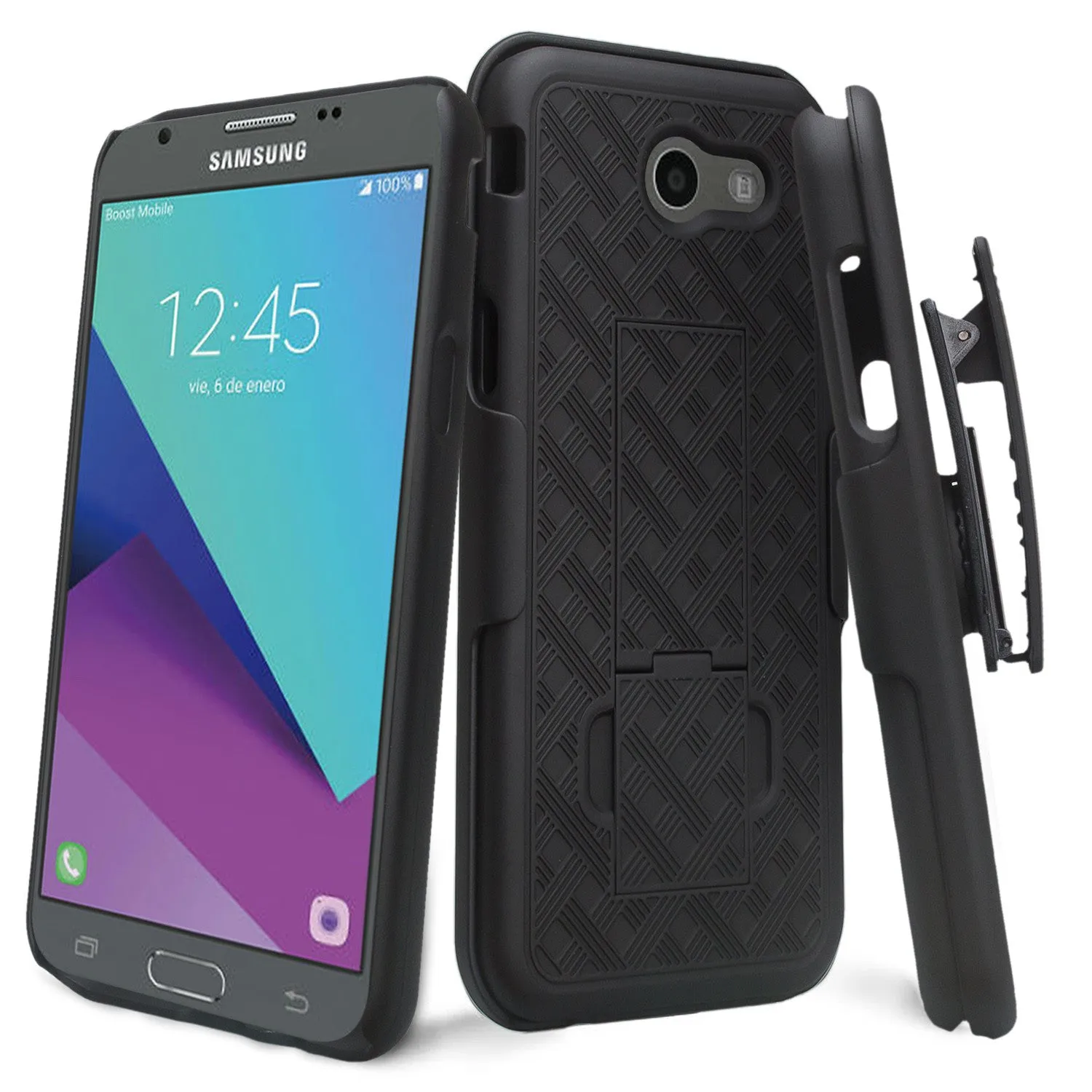 Galaxy J3 Emerge Case, Slim Rugged Rotating Swivel Locking Holster Shell Combo Case Cover for Samsung Galaxy J3 Emerge - Black