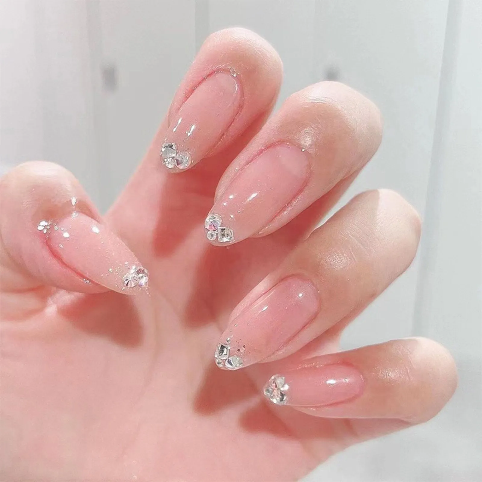 Joskaa 24pcs Korean Style Nude Pink False Nails Pointed Head Artificial Nails Tips With Diamond Design Back To School Nails