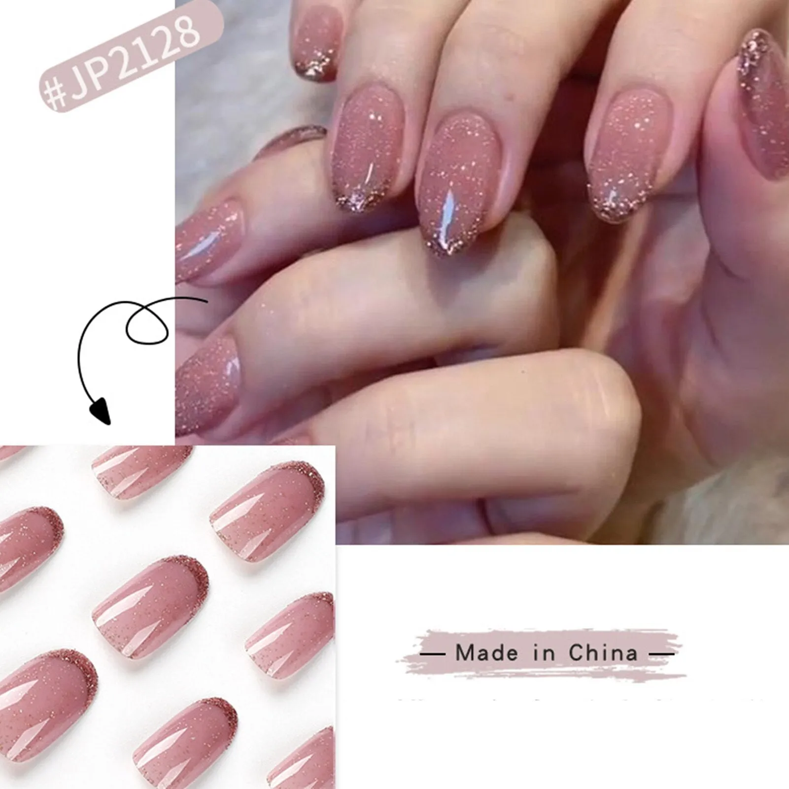 Joskaa 24pcs Korean Style Nude Pink False Nails Pointed Head Artificial Nails Tips With Diamond Design Back To School Nails