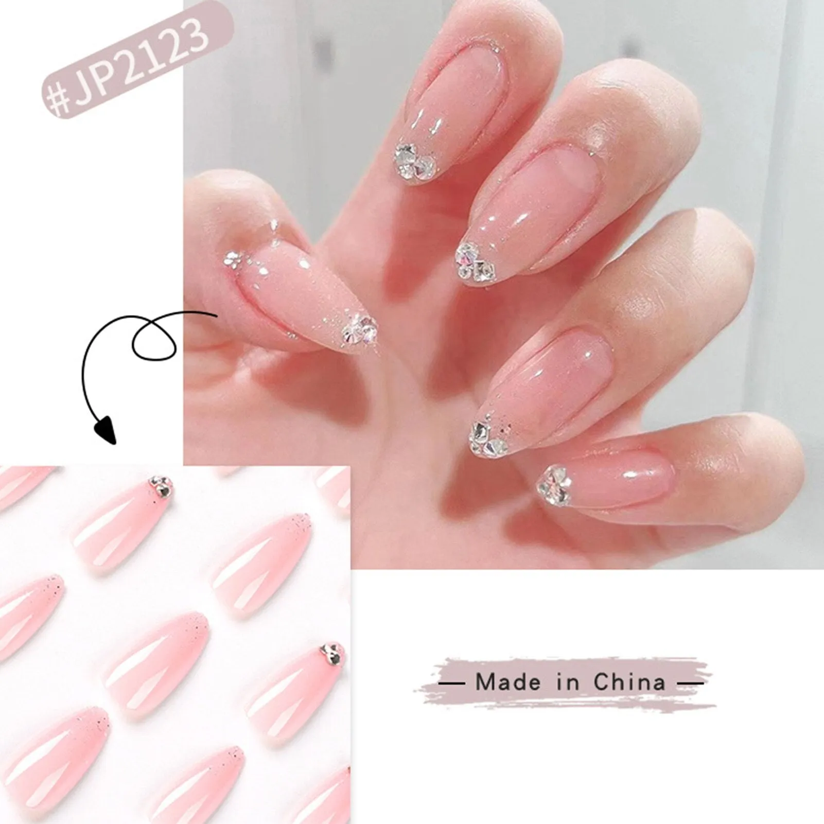 Joskaa 24pcs Korean Style Nude Pink False Nails Pointed Head Artificial Nails Tips With Diamond Design Back To School Nails