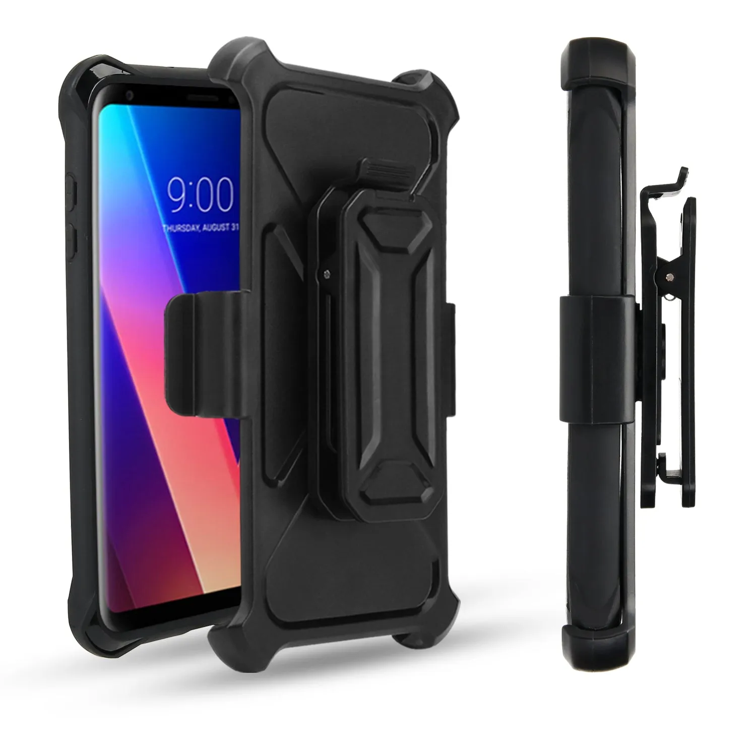 LG V30 Case, LG V30 Plus, Rugged Slim Rotating Holster Swivel Lock Carbon Fiber Combo Clip Case Cover - Black