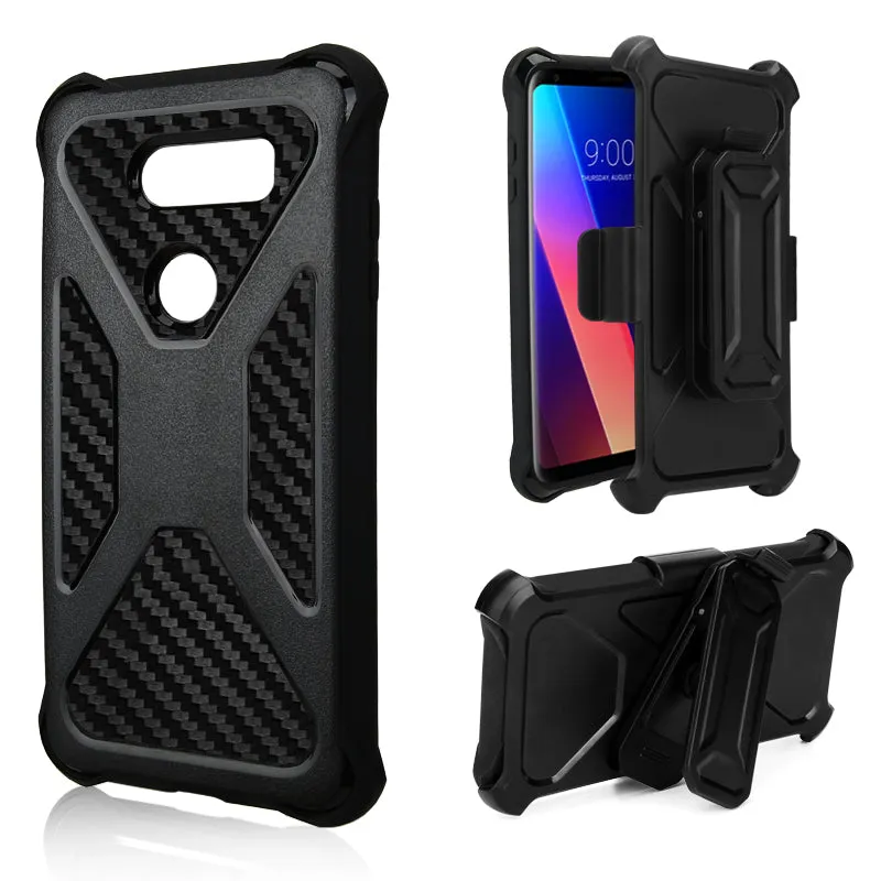 LG V30 Case, LG V30 Plus, Rugged Slim Rotating Holster Swivel Lock Carbon Fiber Combo Clip Case Cover - Black