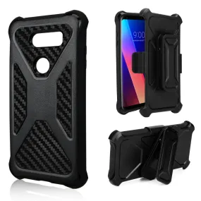 LG V30 Case, LG V30 Plus, Rugged Slim Rotating Holster Swivel Lock Carbon Fiber Combo Clip Case Cover - Black