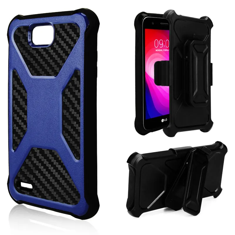 LG X Power 2 Case, LG X Charge, LG Fiesta 2, Fiesta, LG K10 Power, Rugged Slim Rotating Holster Swivel Lock Carbon Fiber Combo Clip Case Cover - Blue