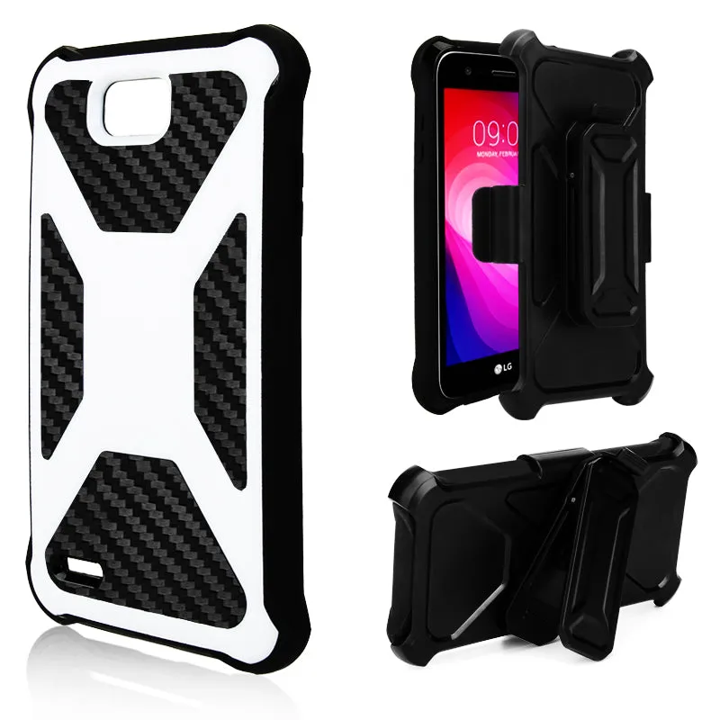 LG X Power 2 Case, LG X Charge, LG Fiesta 2, Fiesta, LG K10 Power, Rugged Slim Rotating Holster Swivel Lock Carbon Fiber Combo Clip Case Cover - White