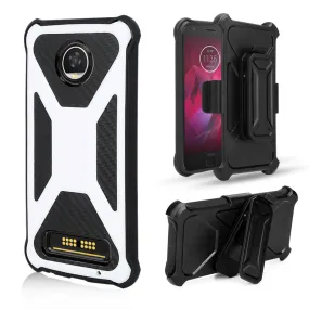 Motorola Moto Z2 Play Case, Rugged Slim Rotating Swivel Lock Carbon Fiber Combo Case for Moto Z2 Play - White