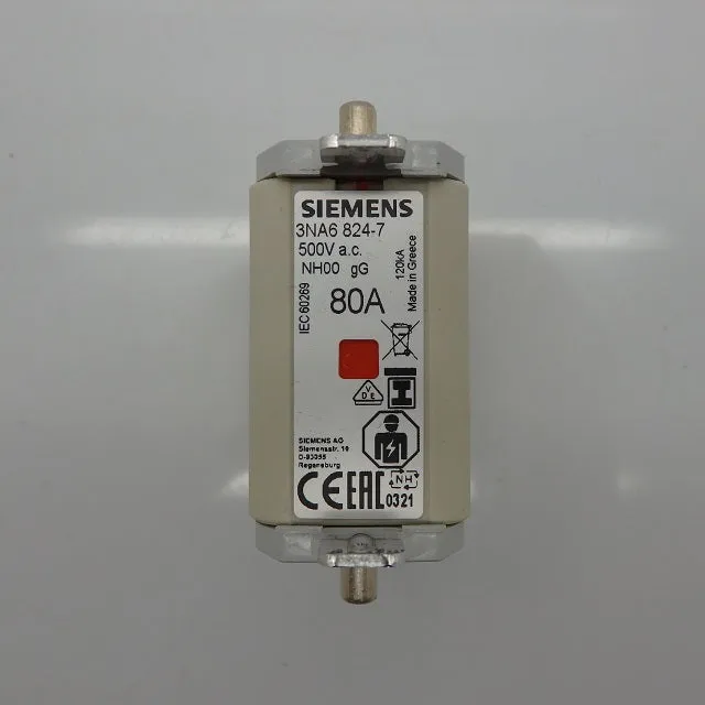 Siemens 500VAC 00 NH 80A gG Centred Tag Fuse 3NA6824-7