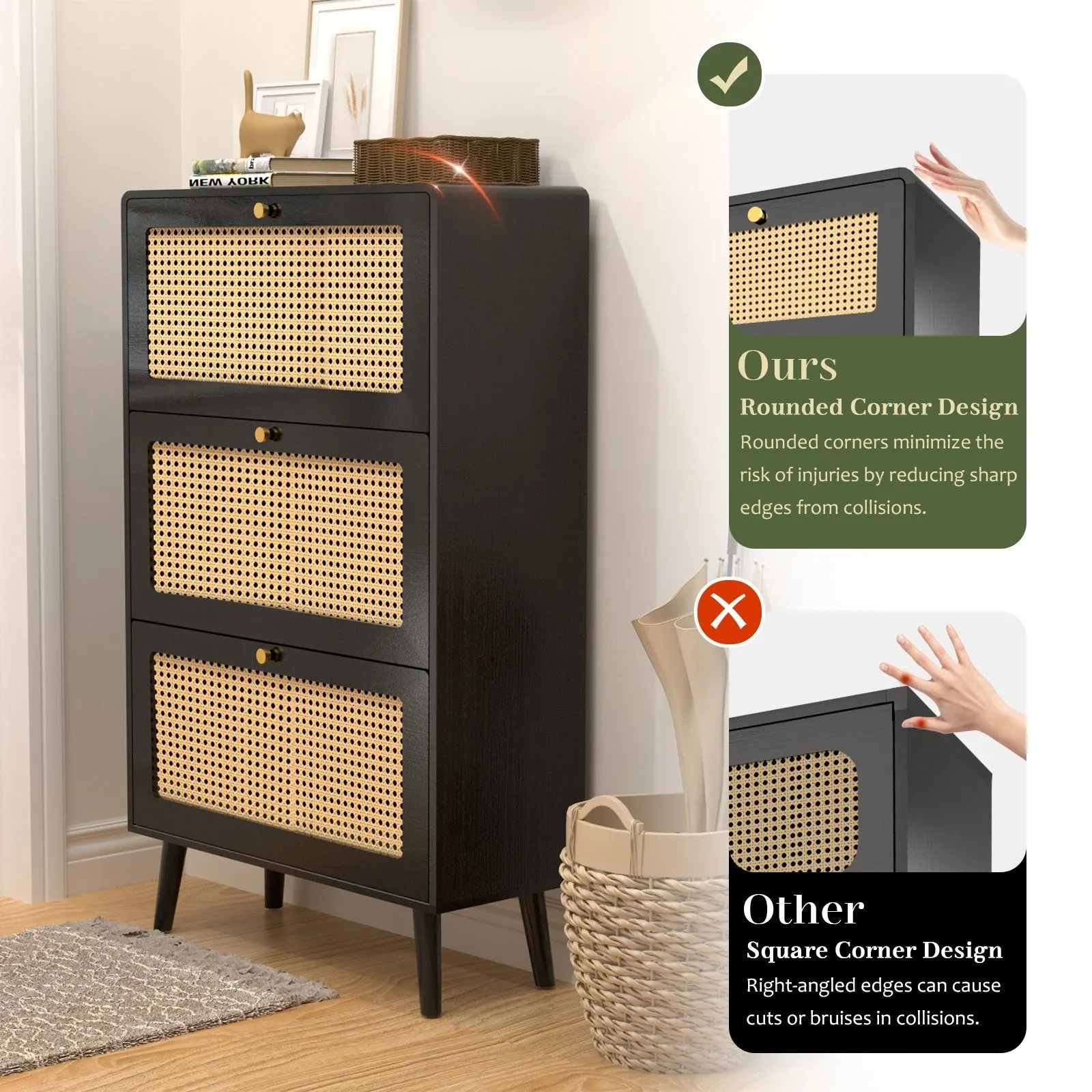 Vine Narrow Shoe Cabinet with 3 Flip Drawers, Independent Shoe Cabinet, Entrance Shoe Cabinet