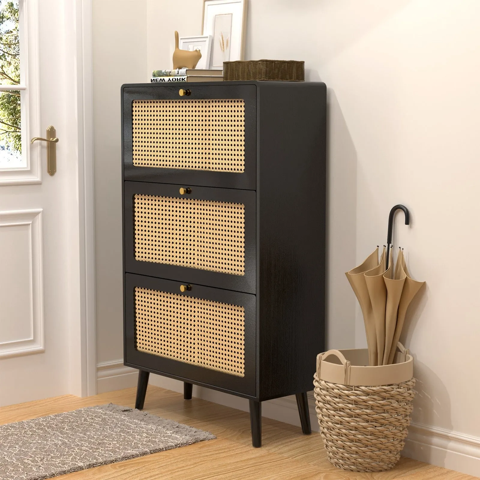 Vine Narrow Shoe Cabinet with 3 Flip Drawers, Independent Shoe Cabinet, Entrance Shoe Cabinet