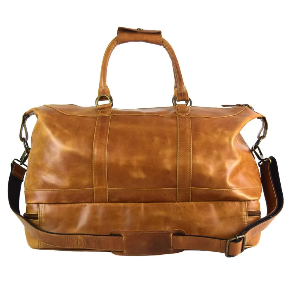 Weekender Bag with shoe compartment in Cognac color Leather - Professional Players Favorite