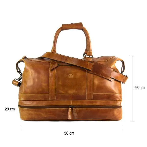 Weekender Bag with shoe compartment in Cognac color Leather - Professional Players Favorite