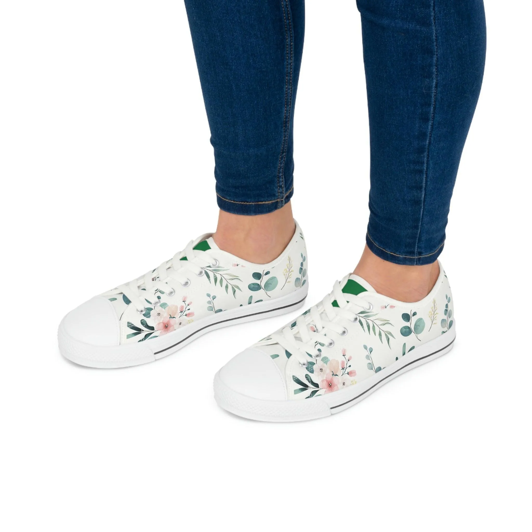 White and Green Women's Low Top Sneakers- FORHERA DESIGN